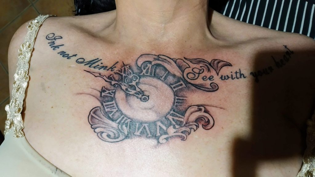 clock-tattoo-chest=patrizia Clock tattoo on chest by Pelusa tattoo crevillente